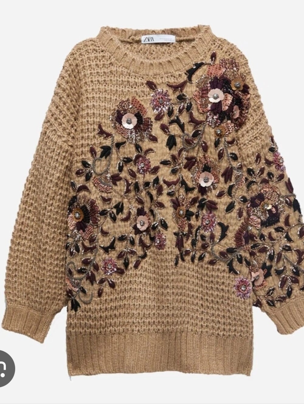 ZARA Camel Embellished Floral Crewneck Sweater